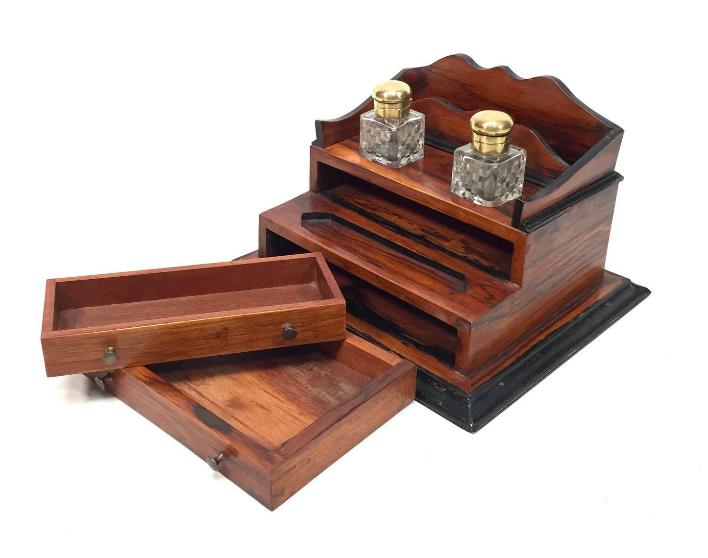 Antique Victorian Wooden Desktop Writing Inkstand / Stationery Letter Rack
