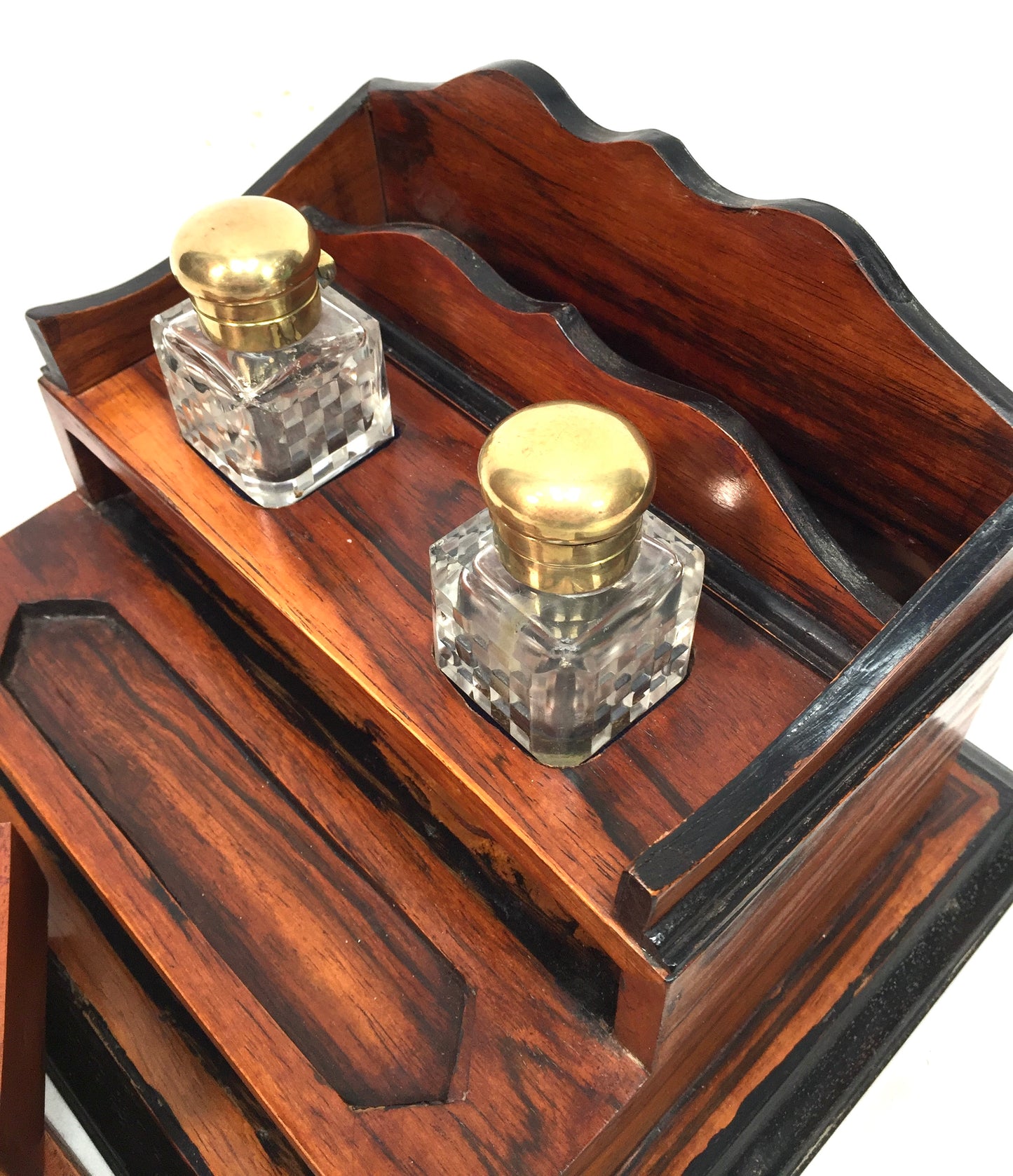 Antique Victorian Wooden Desktop Writing Inkstand / Stationery Letter Rack