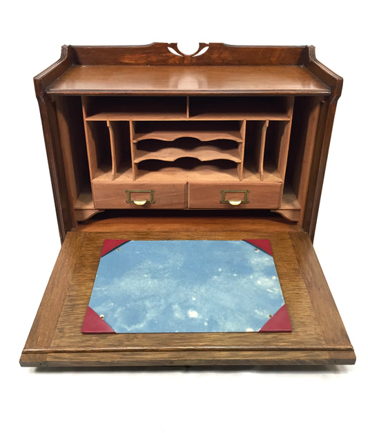 Antique Wooden Large Stationery Cabinet Storage Box Desk Organiser & Key c.1920