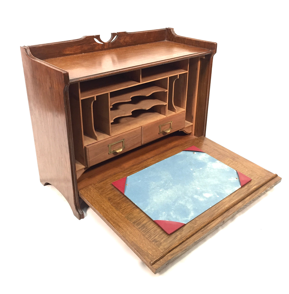 Antique Wooden Large Stationery Cabinet Storage Box Desk Organiser & Key c.1920