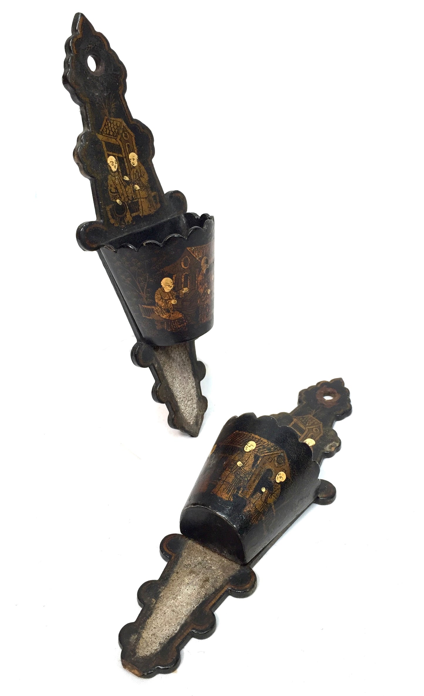 Antique Chinoiserie Paper Mache Lacquered Wall Match Stick Holder Striker 1800s