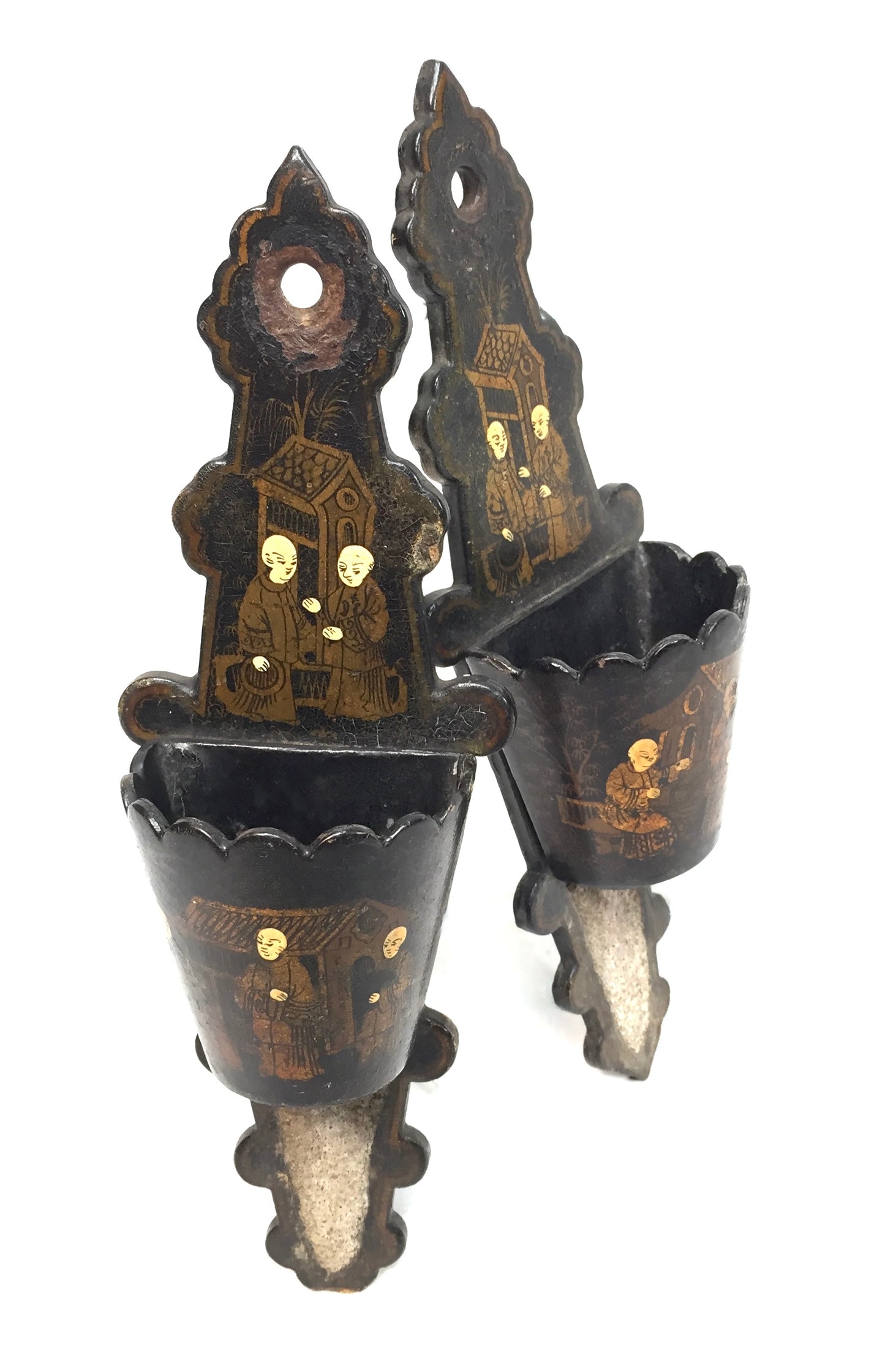 Antique Chinoiserie Paper Mache Lacquered Wall Match Stick Holder Striker 1800s