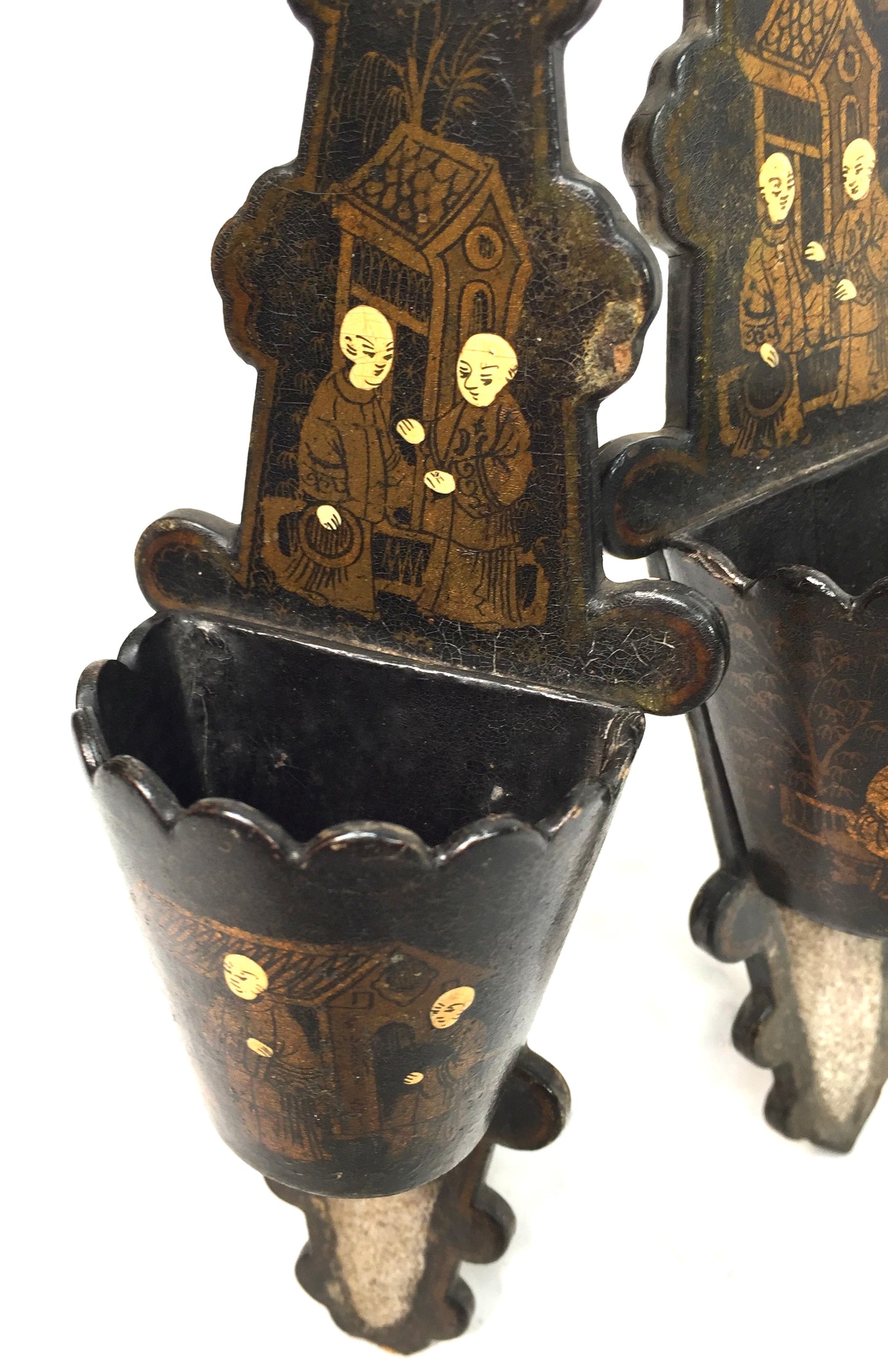 Antique Chinoiserie Paper Mache Lacquered Wall Match Stick Holder Striker 1800s