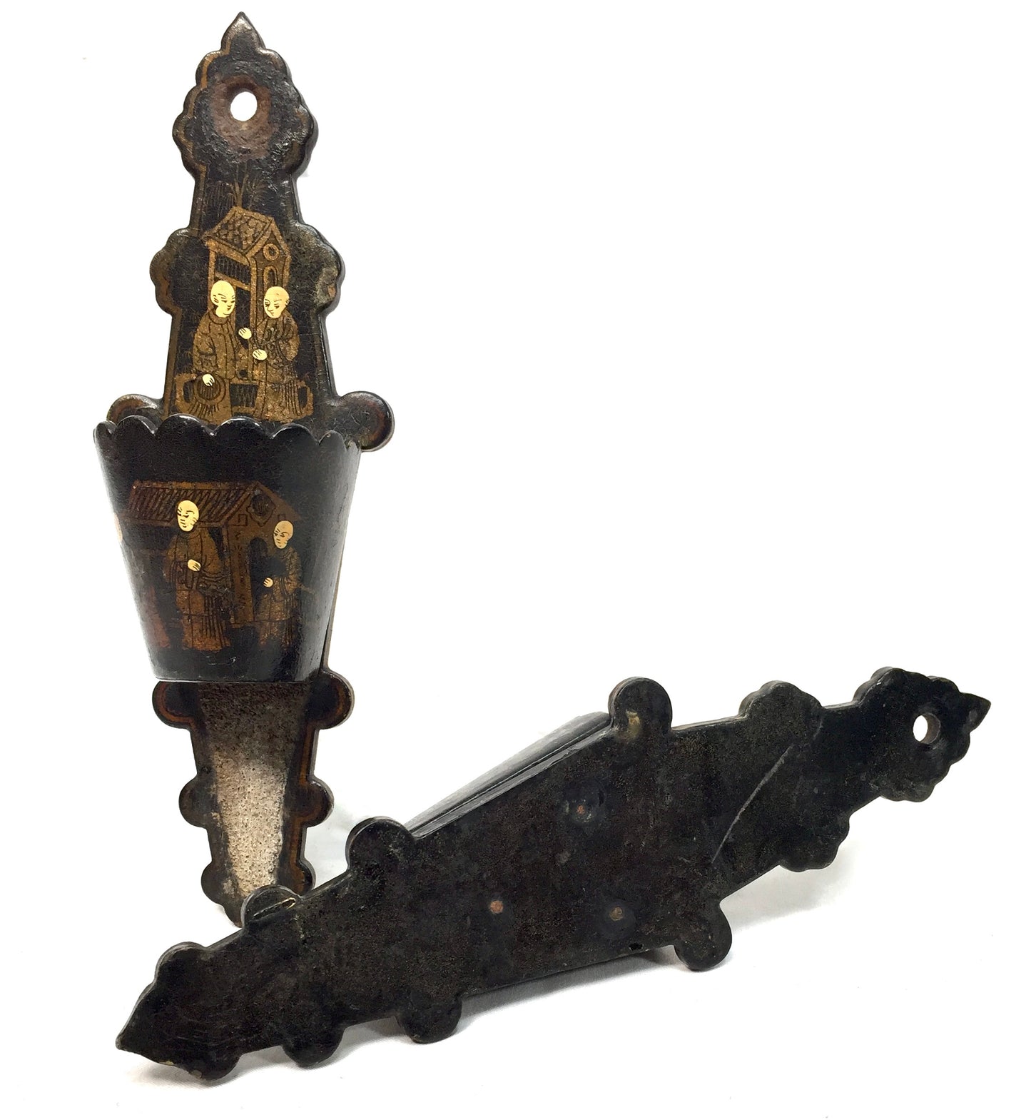Antique Chinoiserie Paper Mache Lacquered Wall Match Stick Holder Striker 1800s