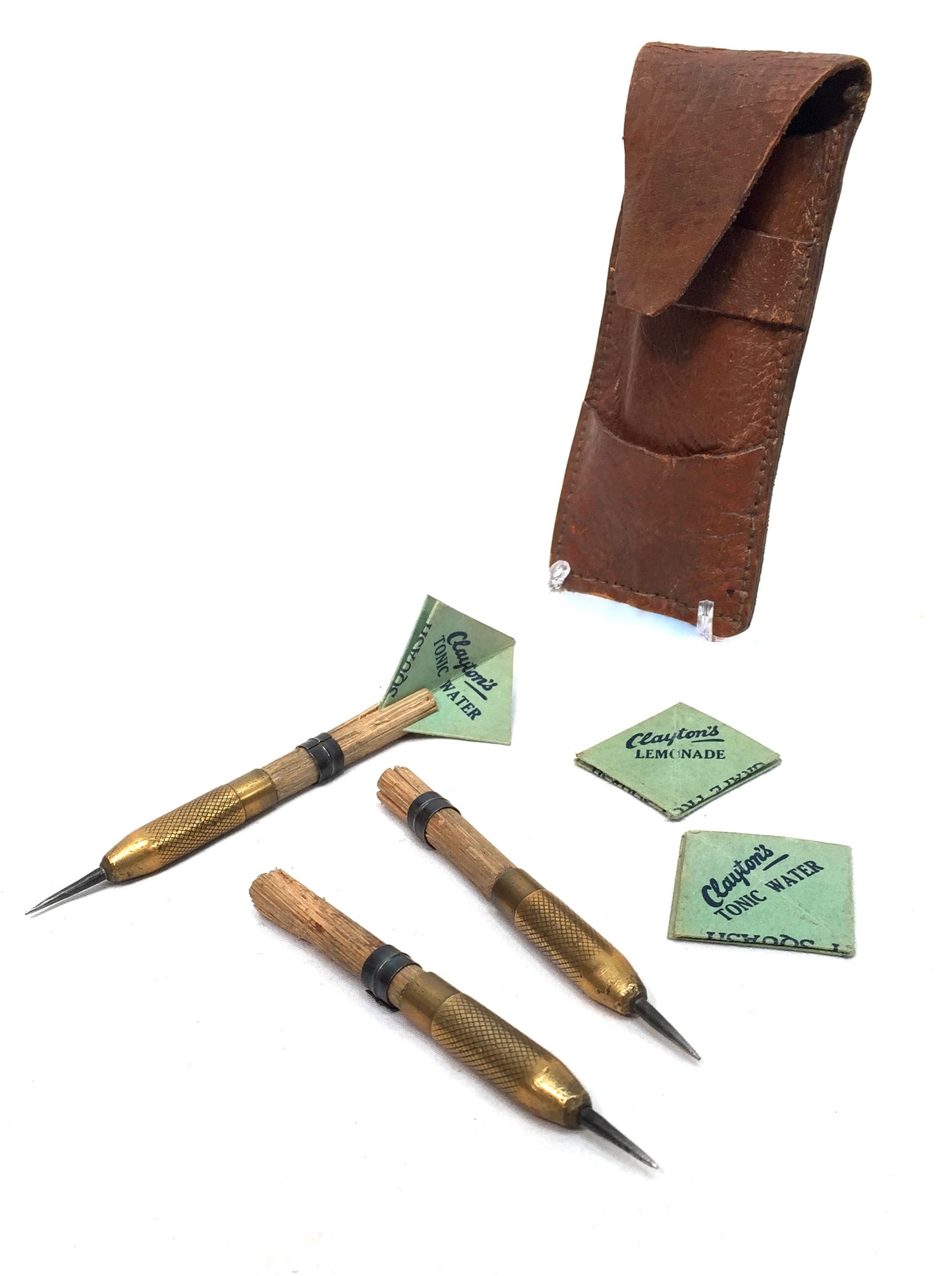 Antique Darts with Advertising Clayton's Drinks Flights & Leather Case c1950