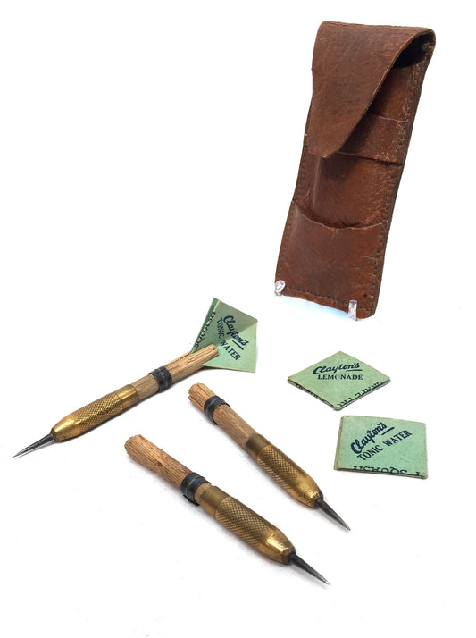 Antique Darts with Advertising Clayton's Drinks Flights & Leather Case c1950