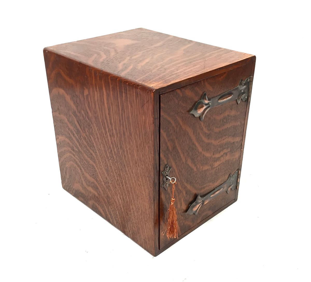 Antique Wooden Oak & Copper Tabletop Cupboard Storage Cabinet Box & Key c.1900