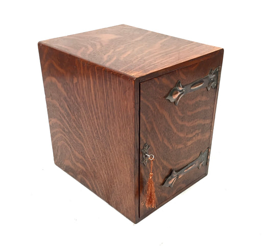 Antique Wooden Oak & Copper Tabletop Cupboard Storage Cabinet Box & Key c.1900