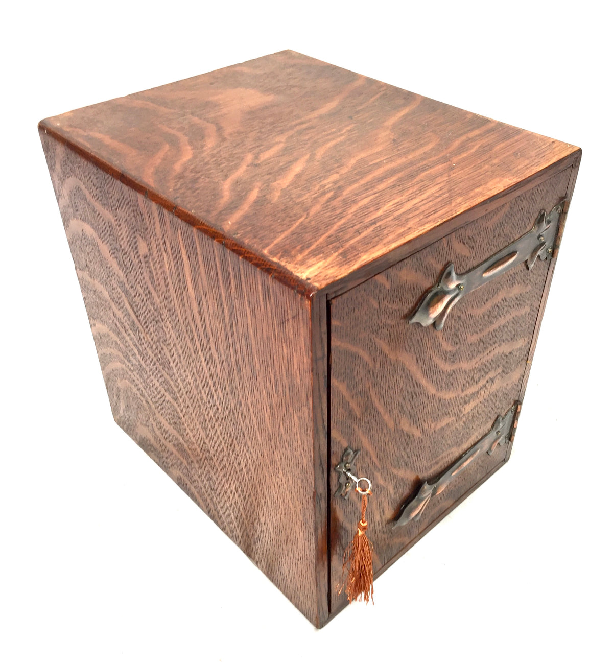 Antique Wooden Oak & Copper Tabletop Cupboard Storage Cabinet Box & Key c.1900