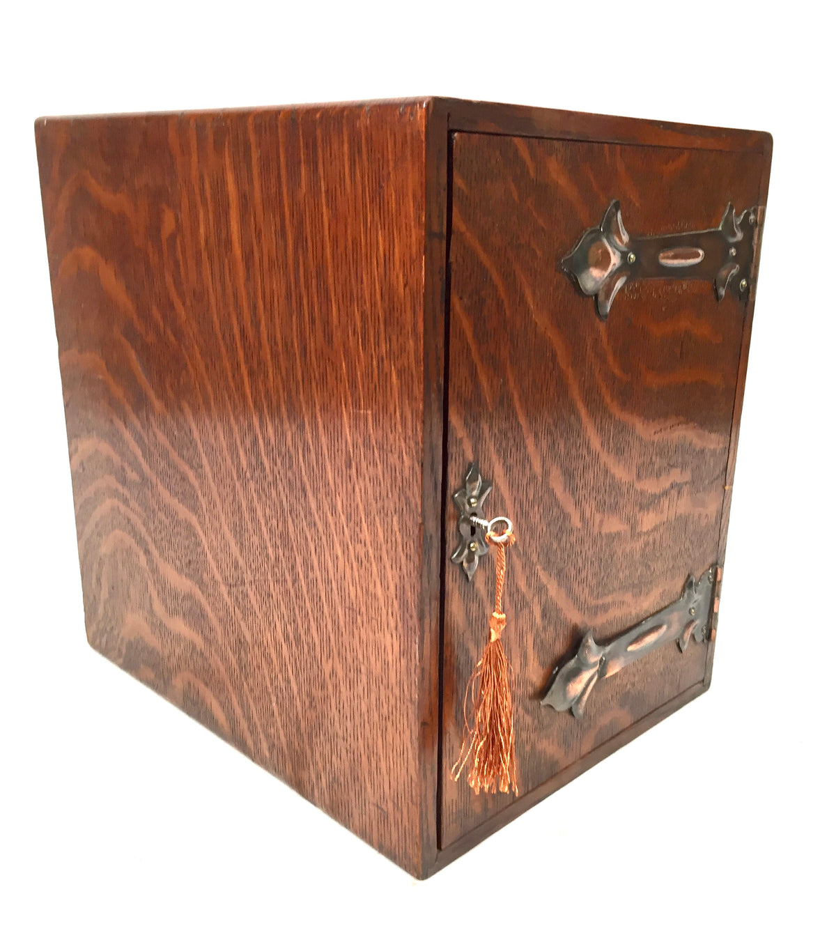 Antique Wooden Oak & Copper Tabletop Cupboard Storage Cabinet Box & Key c.1900