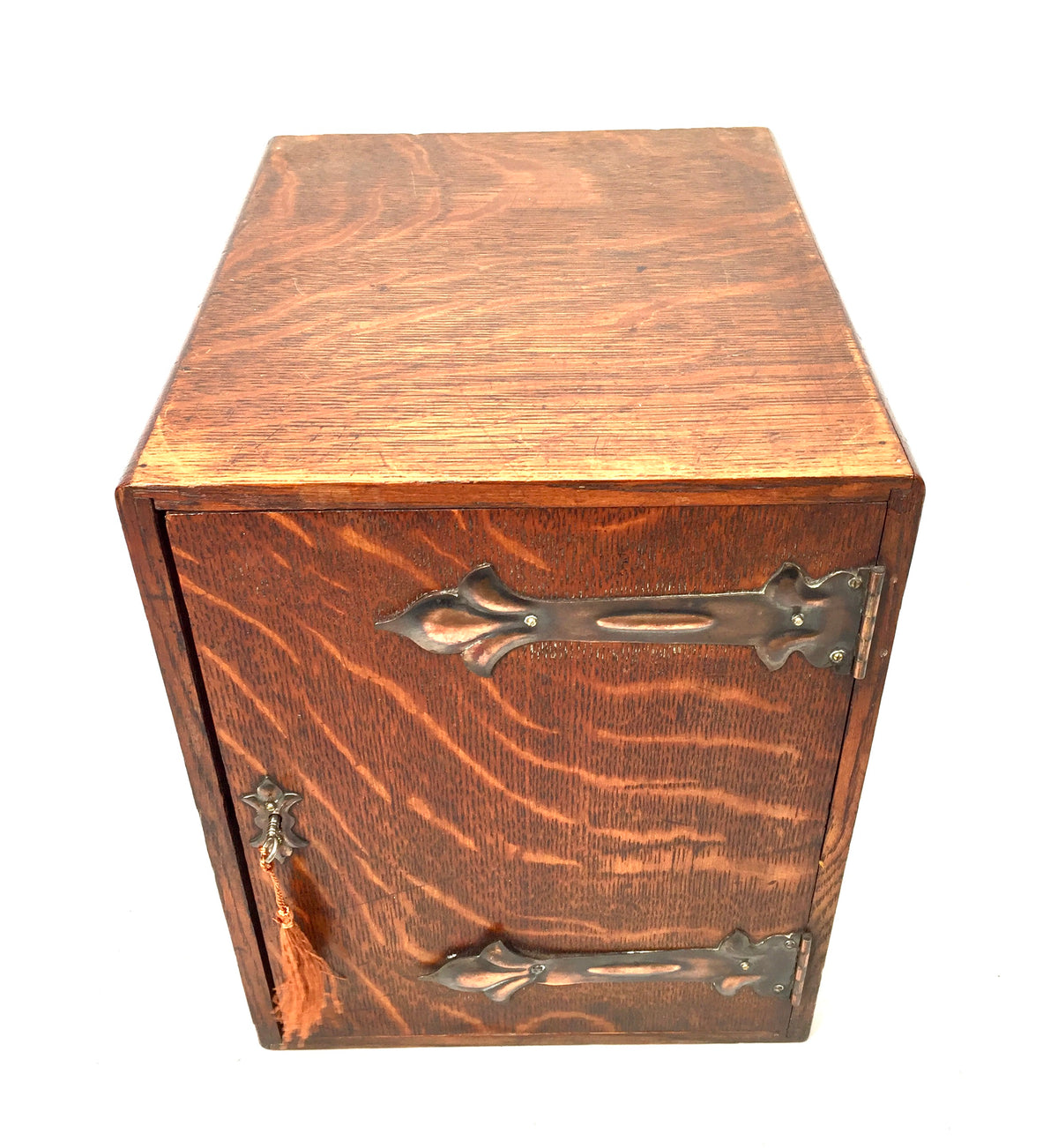 Antique Wooden Oak & Copper Tabletop Cupboard Storage Cabinet Box & Key c.1900