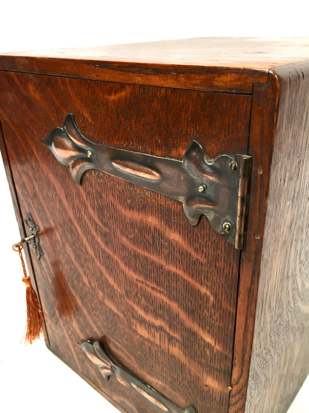 Antique Wooden Oak & Copper Tabletop Cupboard Storage Cabinet Box & Key c.1900
