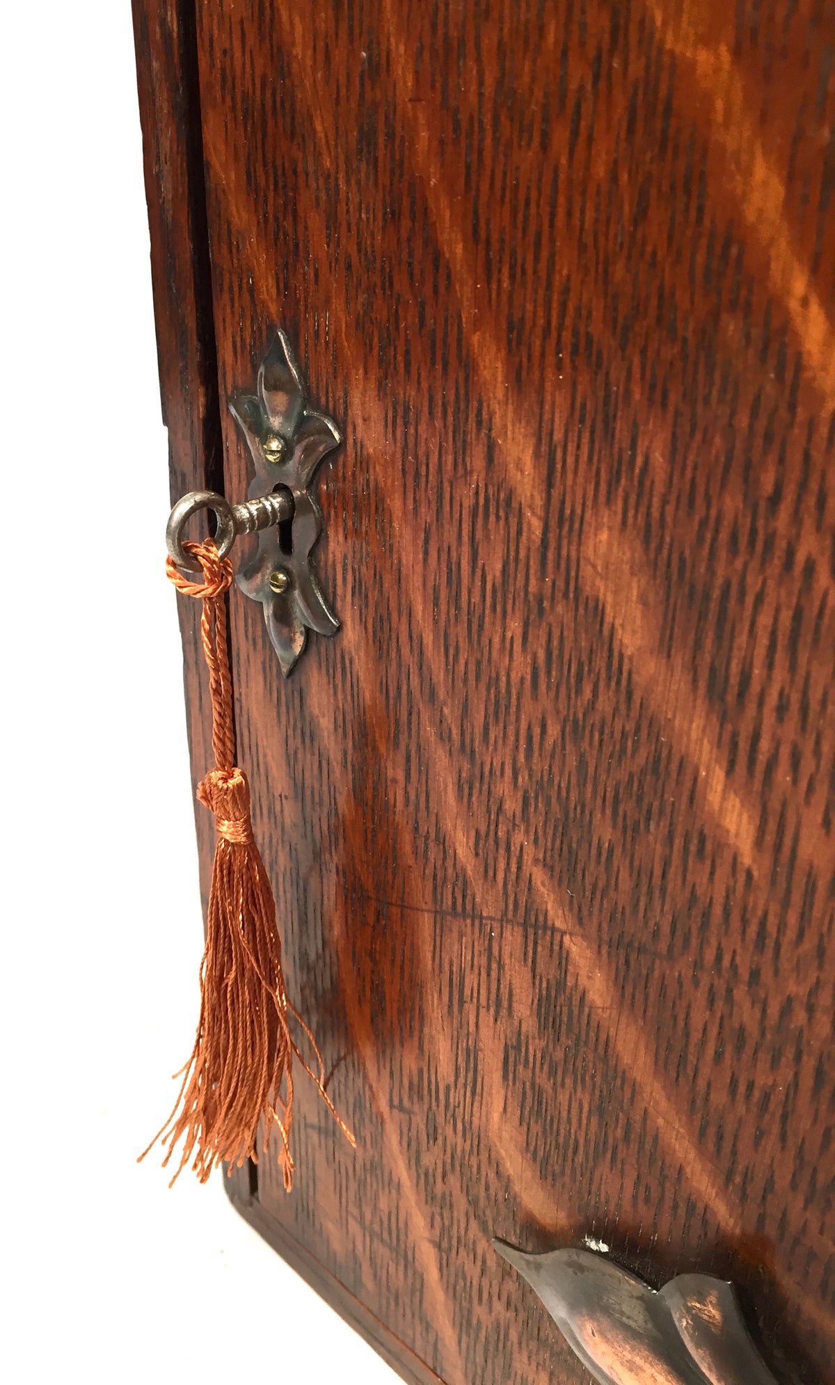 Antique Wooden Oak & Copper Tabletop Cupboard Storage Cabinet Box & Key c.1900