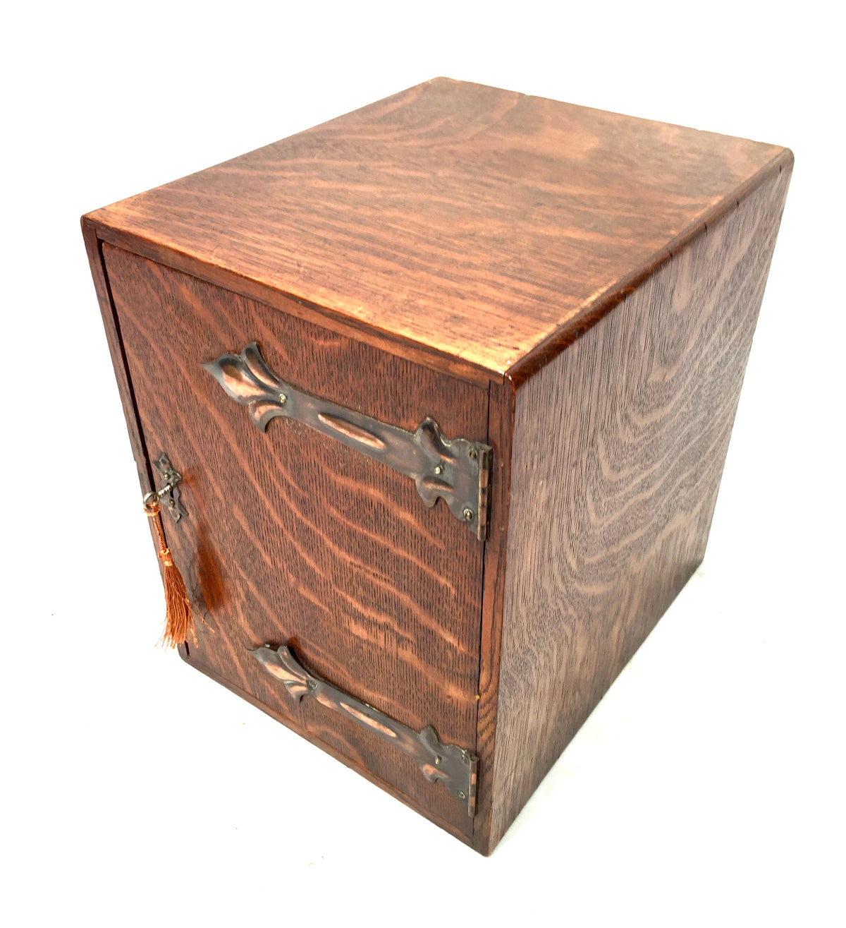 Antique Wooden Oak & Copper Tabletop Cupboard Storage Cabinet Box & Key c.1900