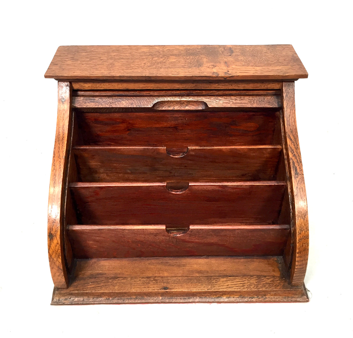 Antique 1930s Tambour Fronted Wooden Oak Desktop Letter Rack / Stationery Holder