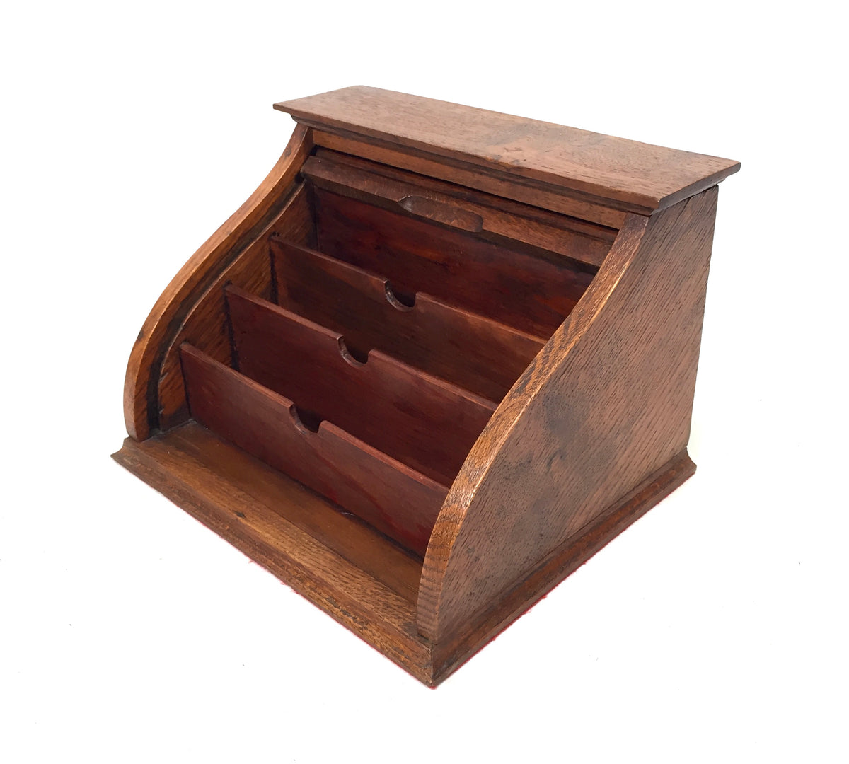 Antique 1930s Tambour Fronted Wooden Oak Desktop Letter Rack / Stationery Holder