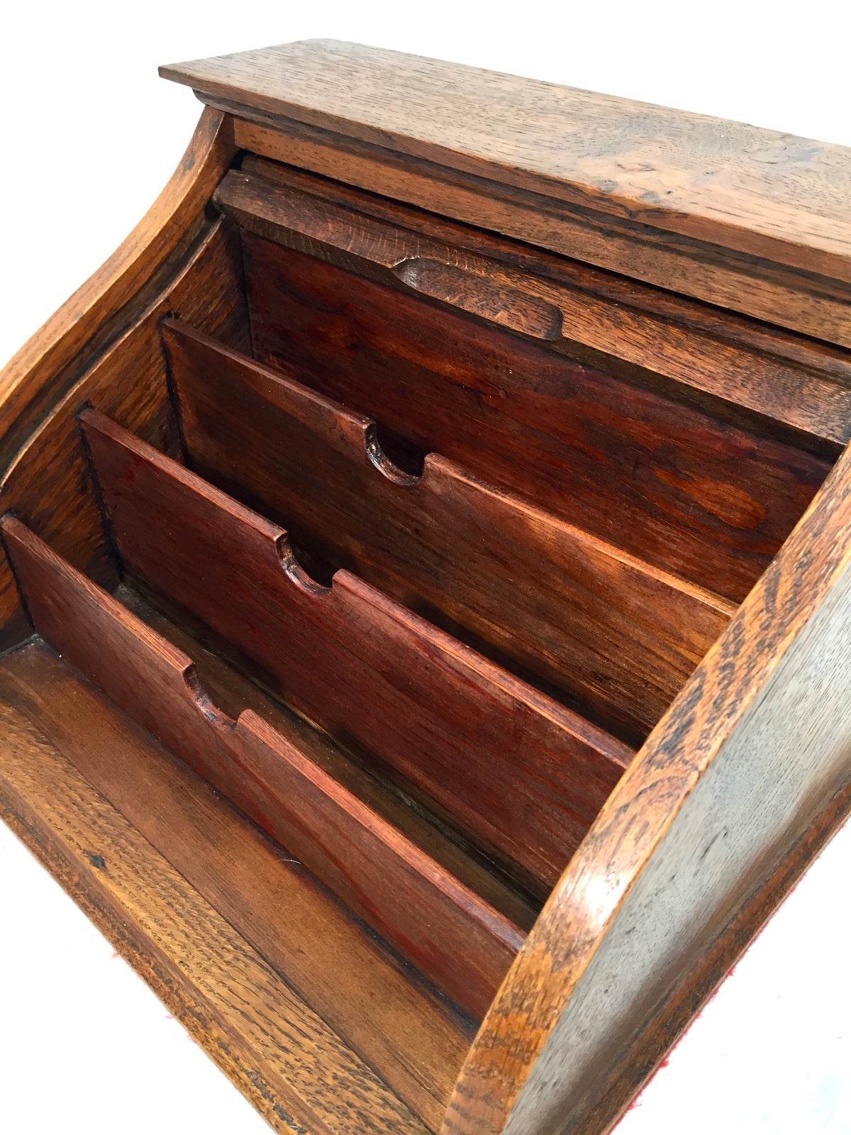 Antique 1930s Tambour Fronted Wooden Oak Desktop Letter Rack / Stationery Holder