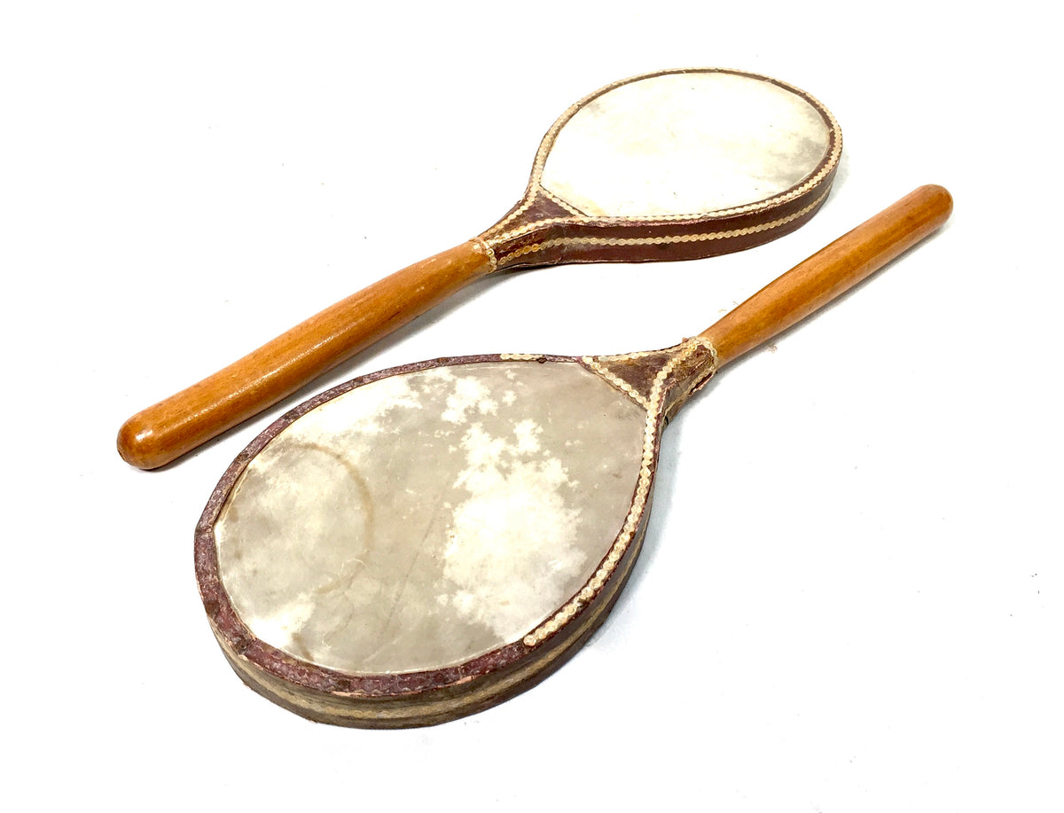 Antique Edwardian Pair of Vellum Covered Table Tennis Paddles / Bats c.1900