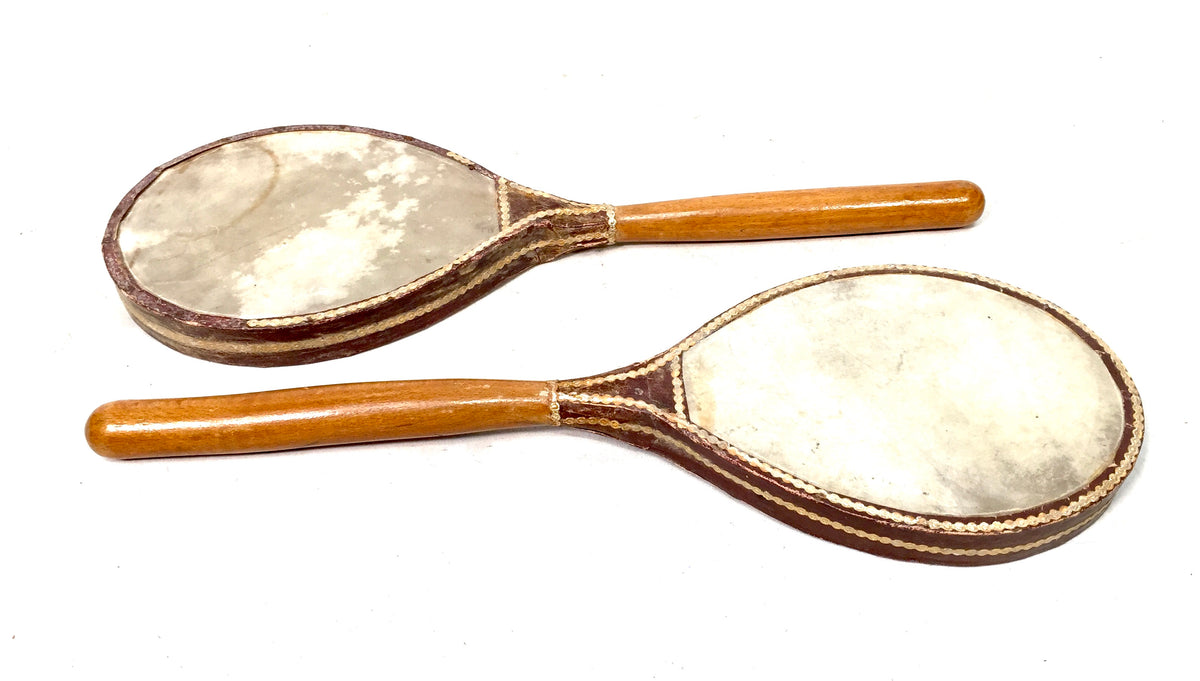Antique Edwardian Pair of Vellum Covered Table Tennis Paddles / Bats c.1900