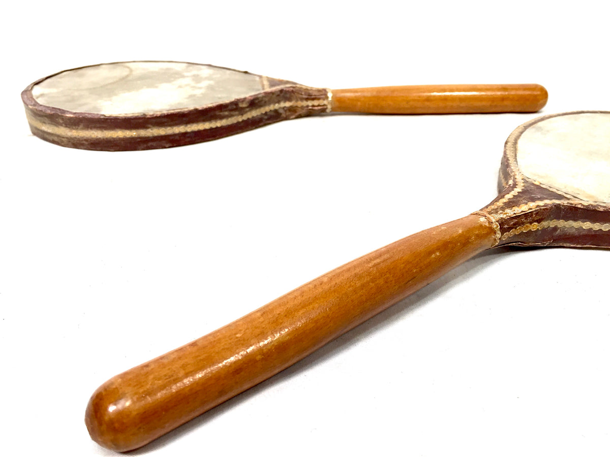 Antique Edwardian Pair of Vellum Covered Table Tennis Paddles / Bats c.1900