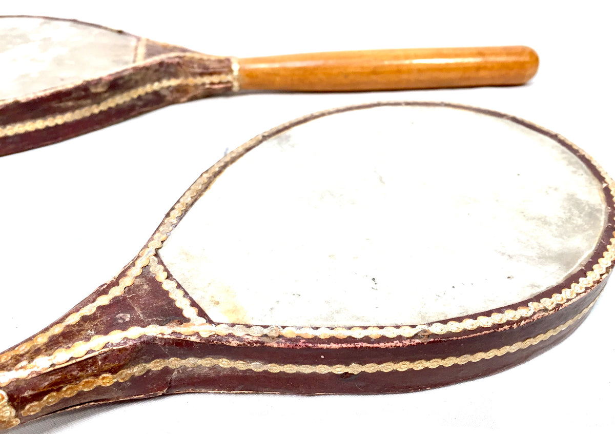 Antique Edwardian Pair of Vellum Covered Table Tennis Paddles / Bats c.1900