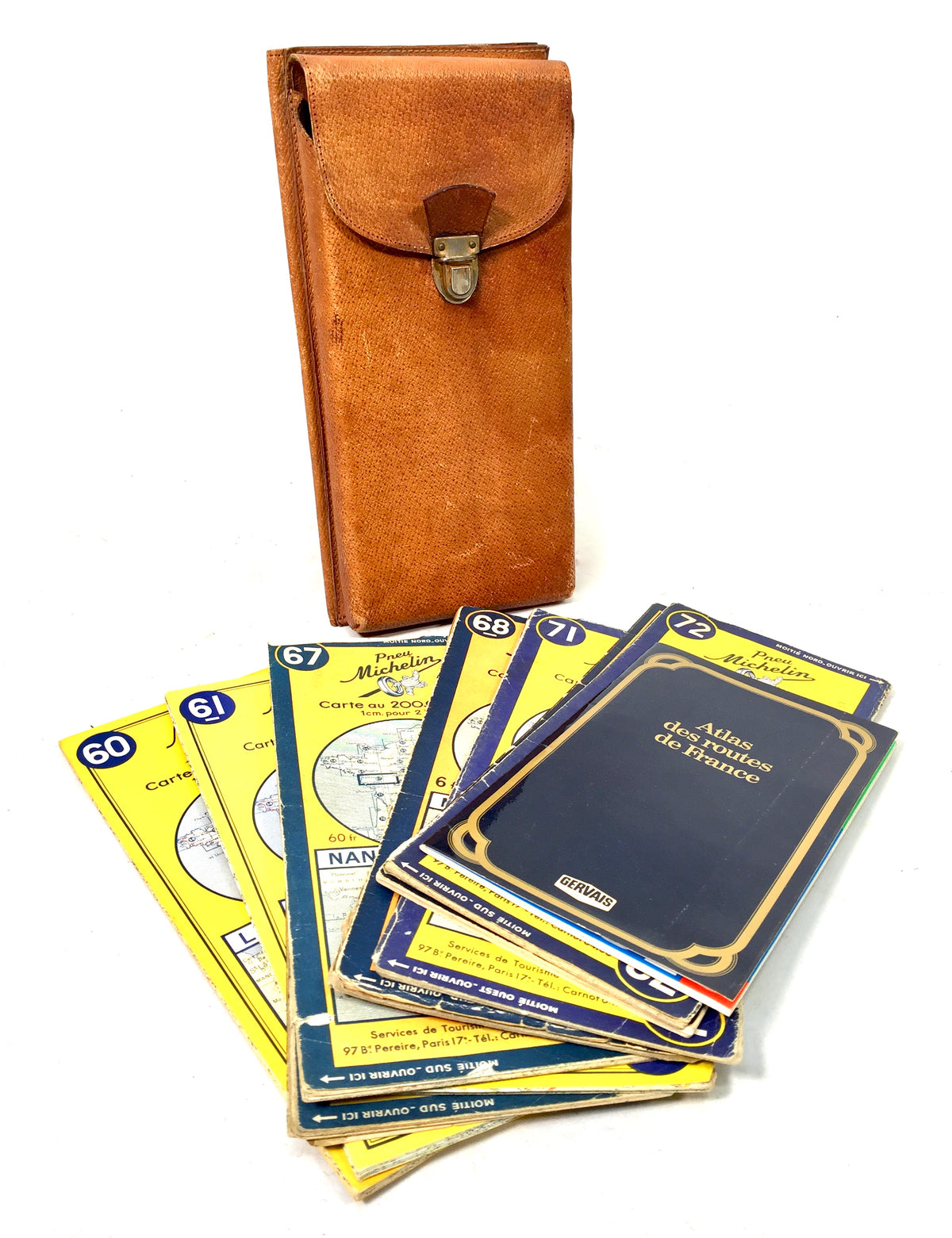 Vintage Set of Michelin Road Maps of France in Antique Leather Travel Case c1950