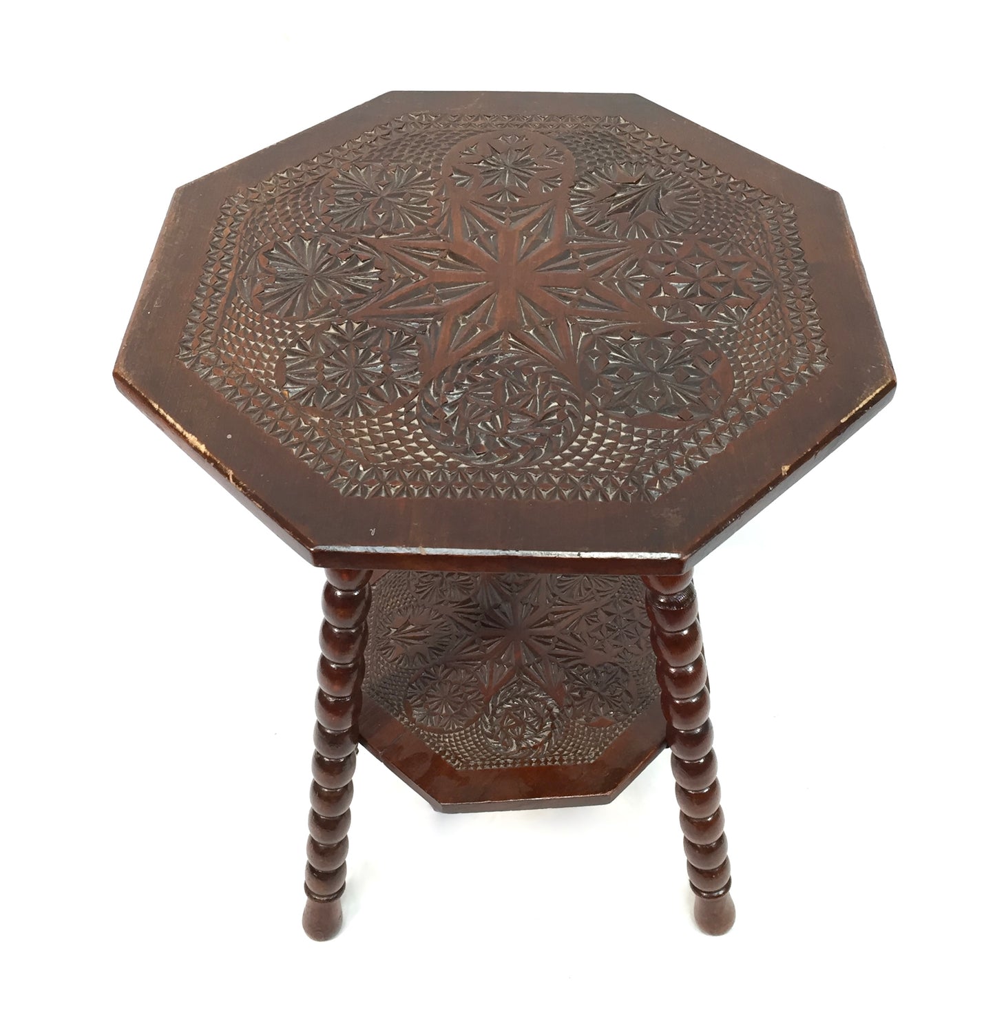 Antique Wooden Carved Two Tiered Hexagonal Side Lamp Table / Occasional c.1930