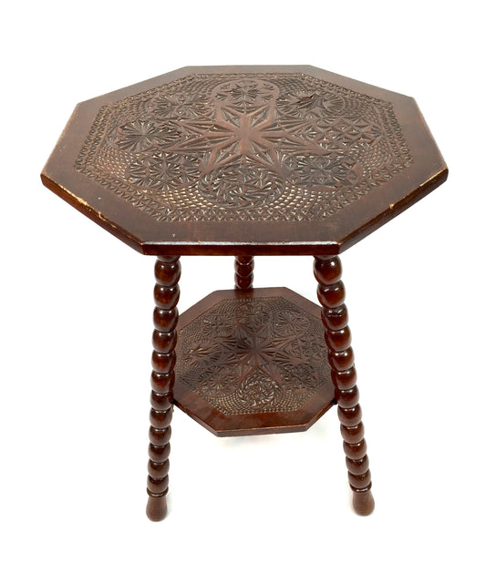 Antique Wooden Carved Two Tiered Hexagonal Side Lamp Table / Occasional c.1930