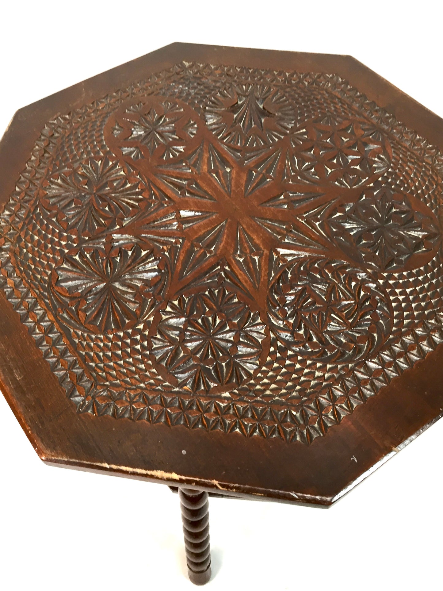 Antique Wooden Carved Two Tiered Hexagonal Side Lamp Table / Occasional c.1930