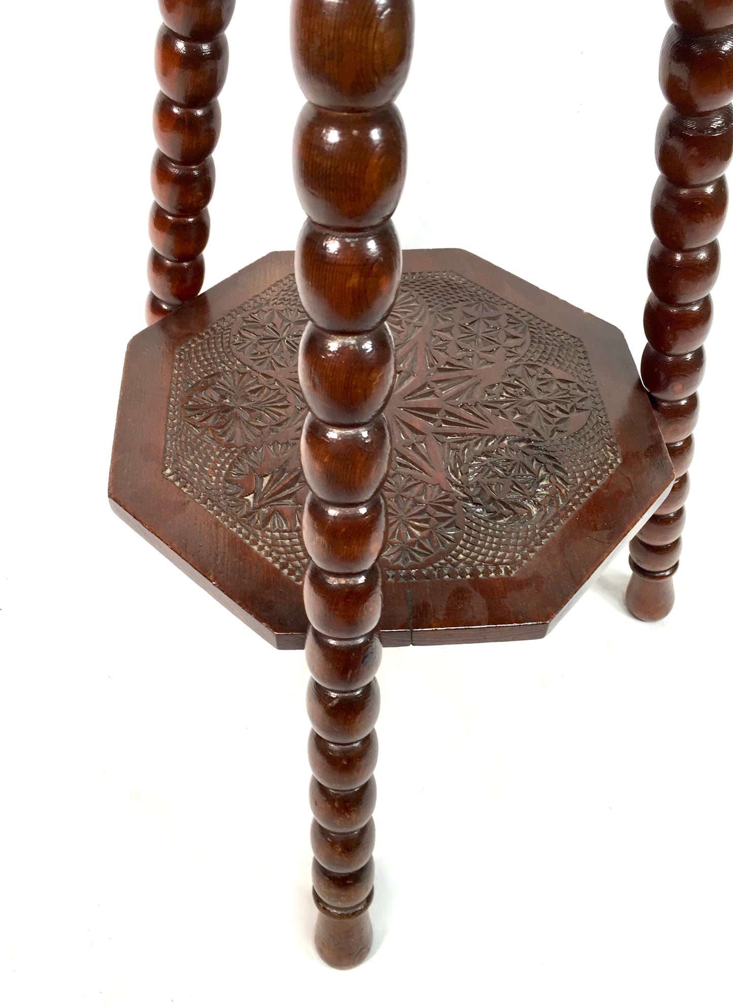 Antique Wooden Carved Two Tiered Hexagonal Side Lamp Table / Occasional c.1930