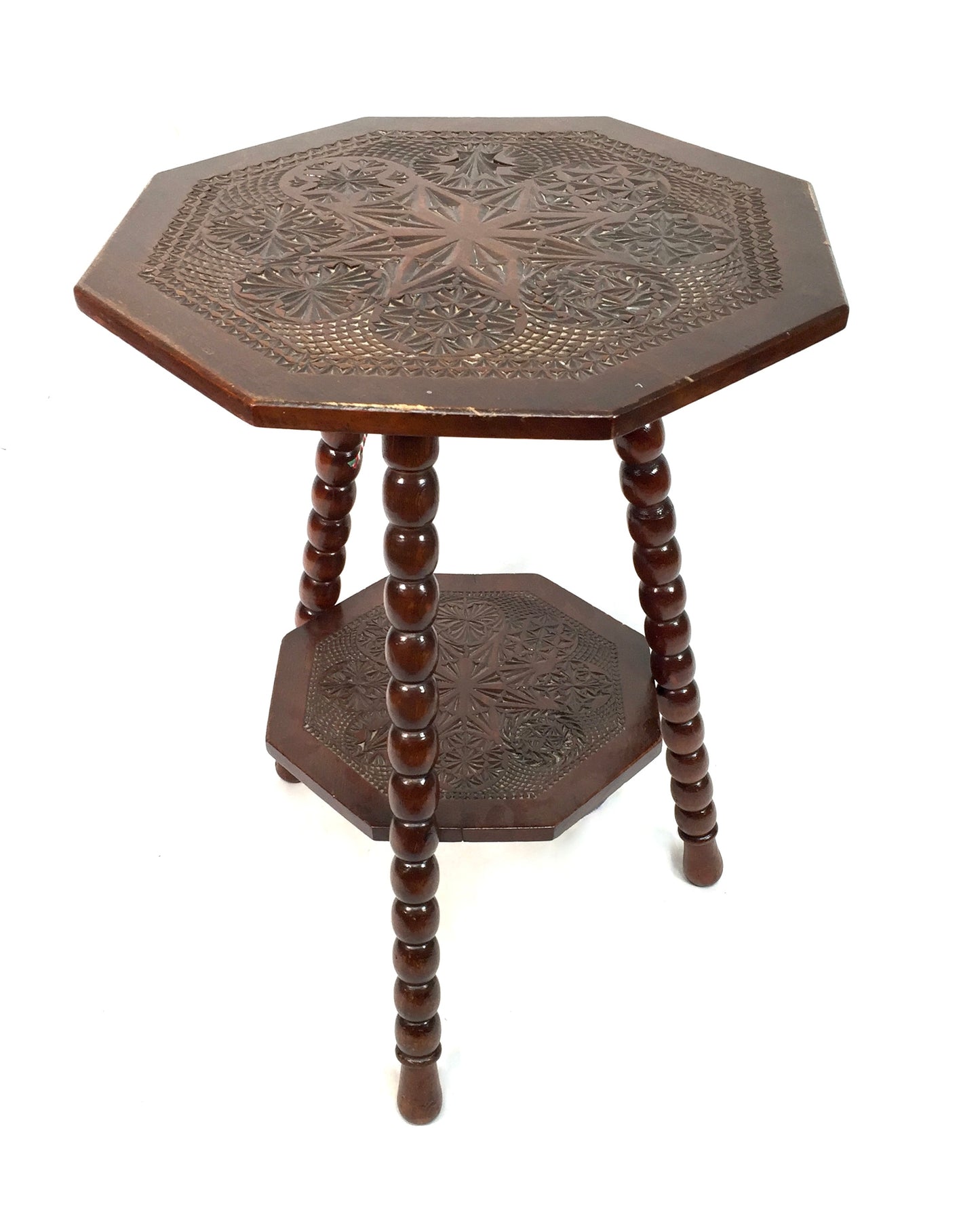 Antique Wooden Carved Two Tiered Hexagonal Side Lamp Table / Occasional c.1930