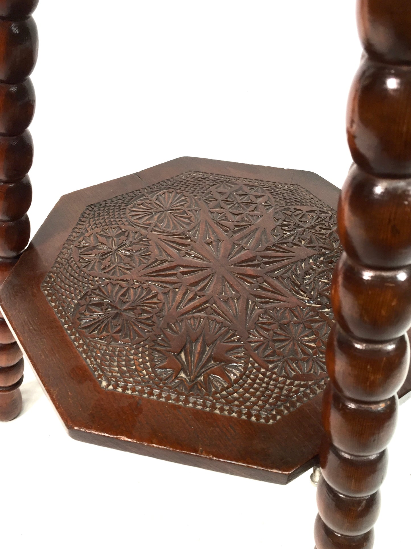 Antique Wooden Carved Two Tiered Hexagonal Side Lamp Table / Occasional c.1930