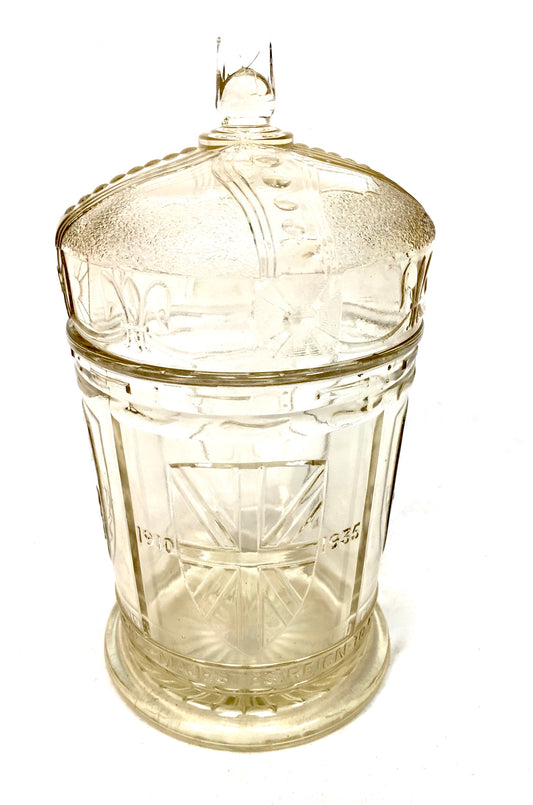 Vintage Glass Silver Jubilee George V Commemorative Jar Biscuit Barrel c.1935