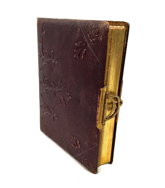 Antique 19th Century Victorian Brown Leather Bound & Brass Photo Album Book