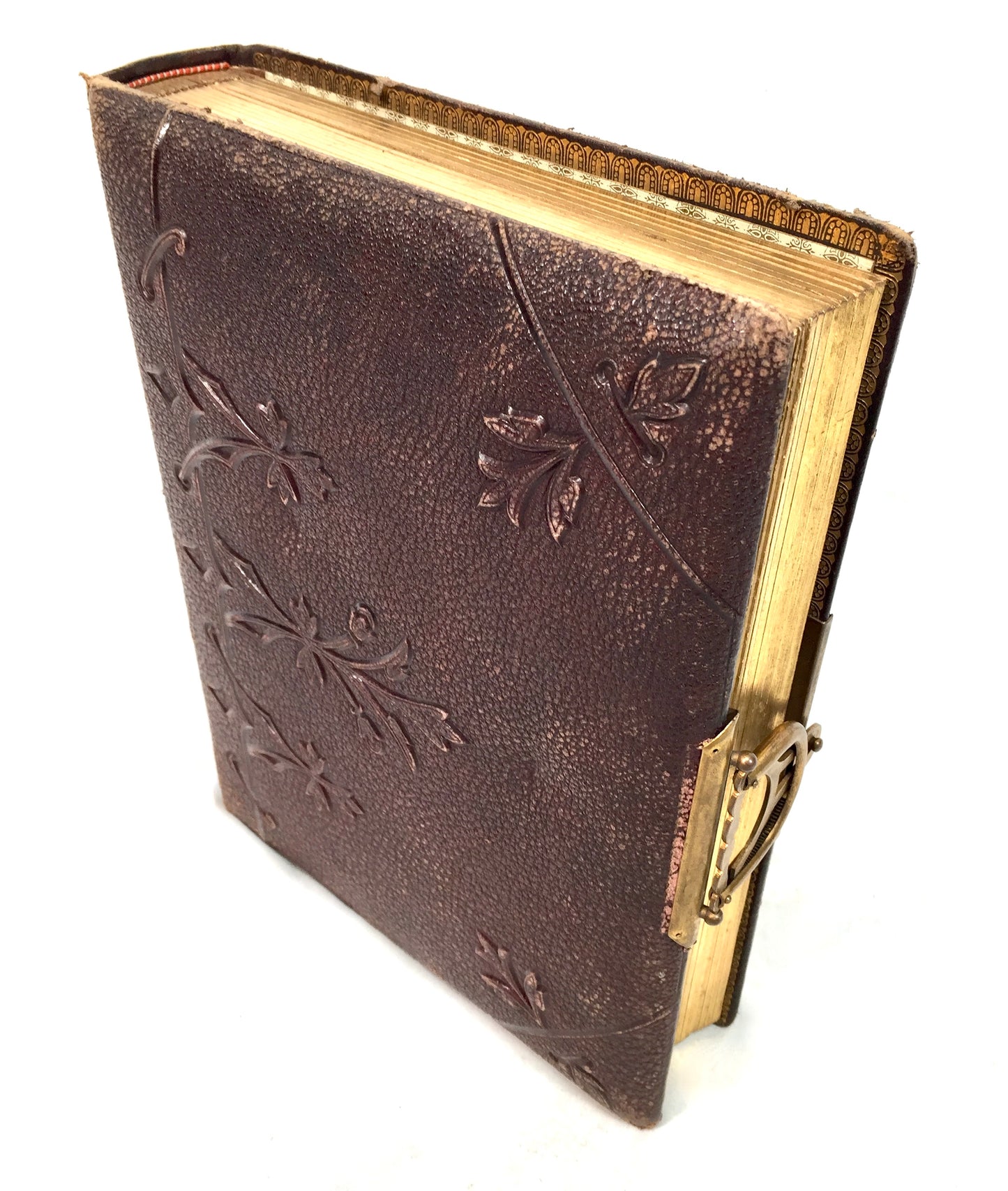 Antique 19th Century Victorian Brown Leather Bound & Brass Photo Album Book