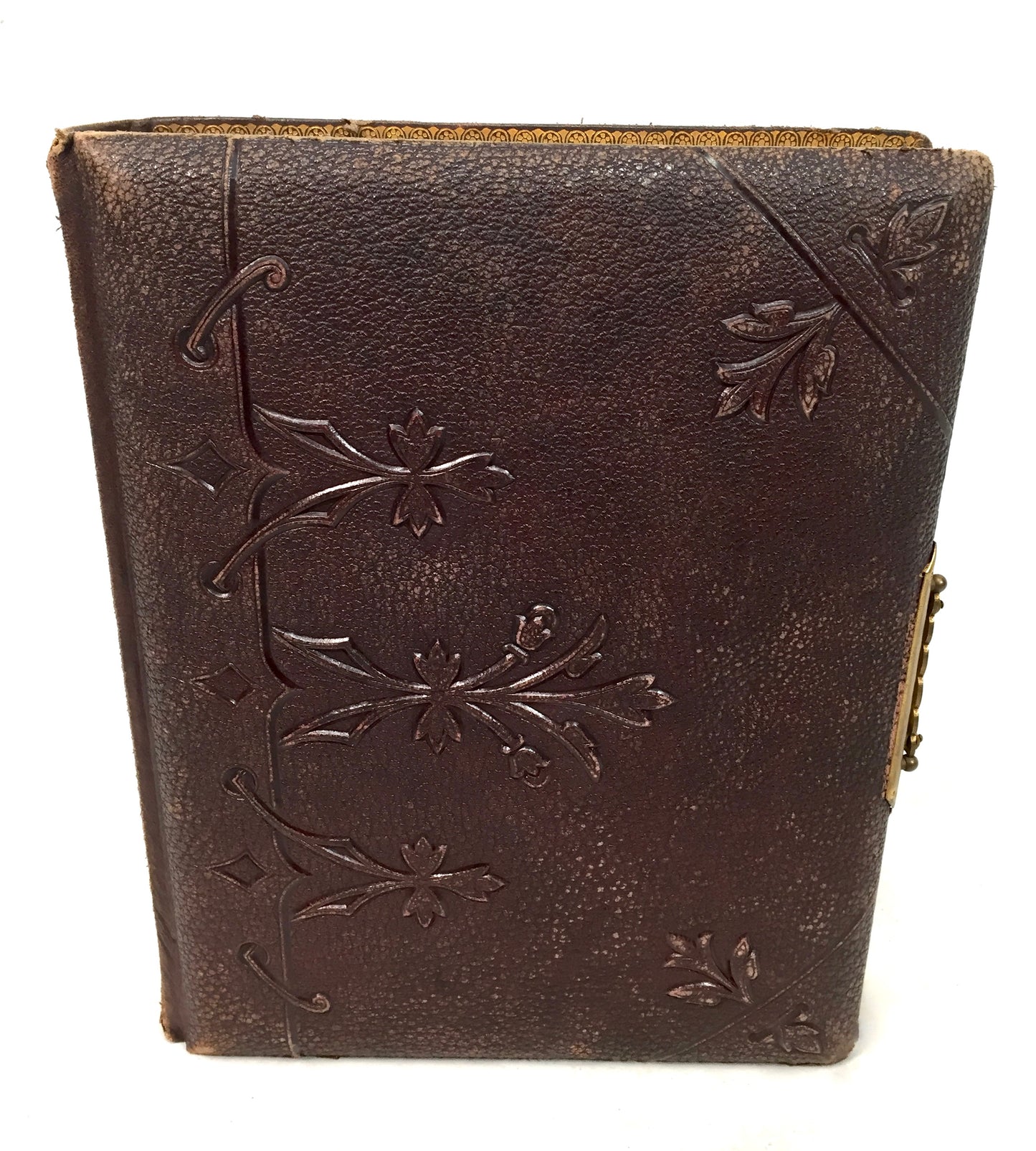 Antique 19th Century Victorian Brown Leather Bound & Brass Photo Album Book