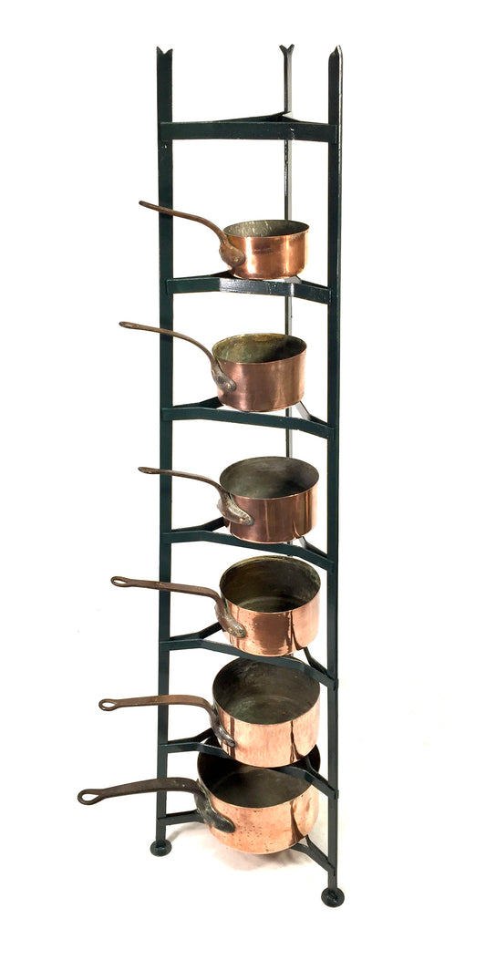 Antique Victorian Kitchen 7 Tier Wrought Iron Stand And Copper Pots / Saucepans