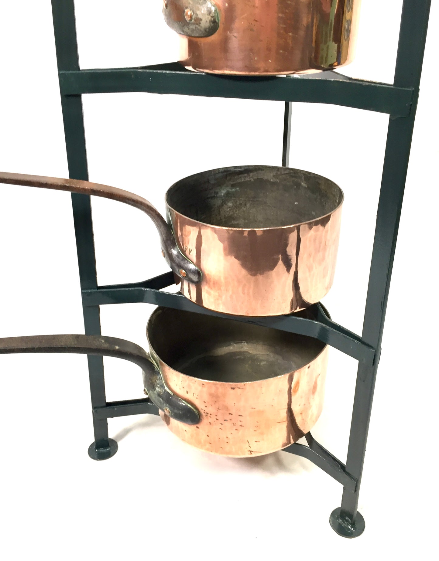 Antique Victorian Kitchen 7 Tier Wrought Iron Stand And Copper Pots / Saucepans