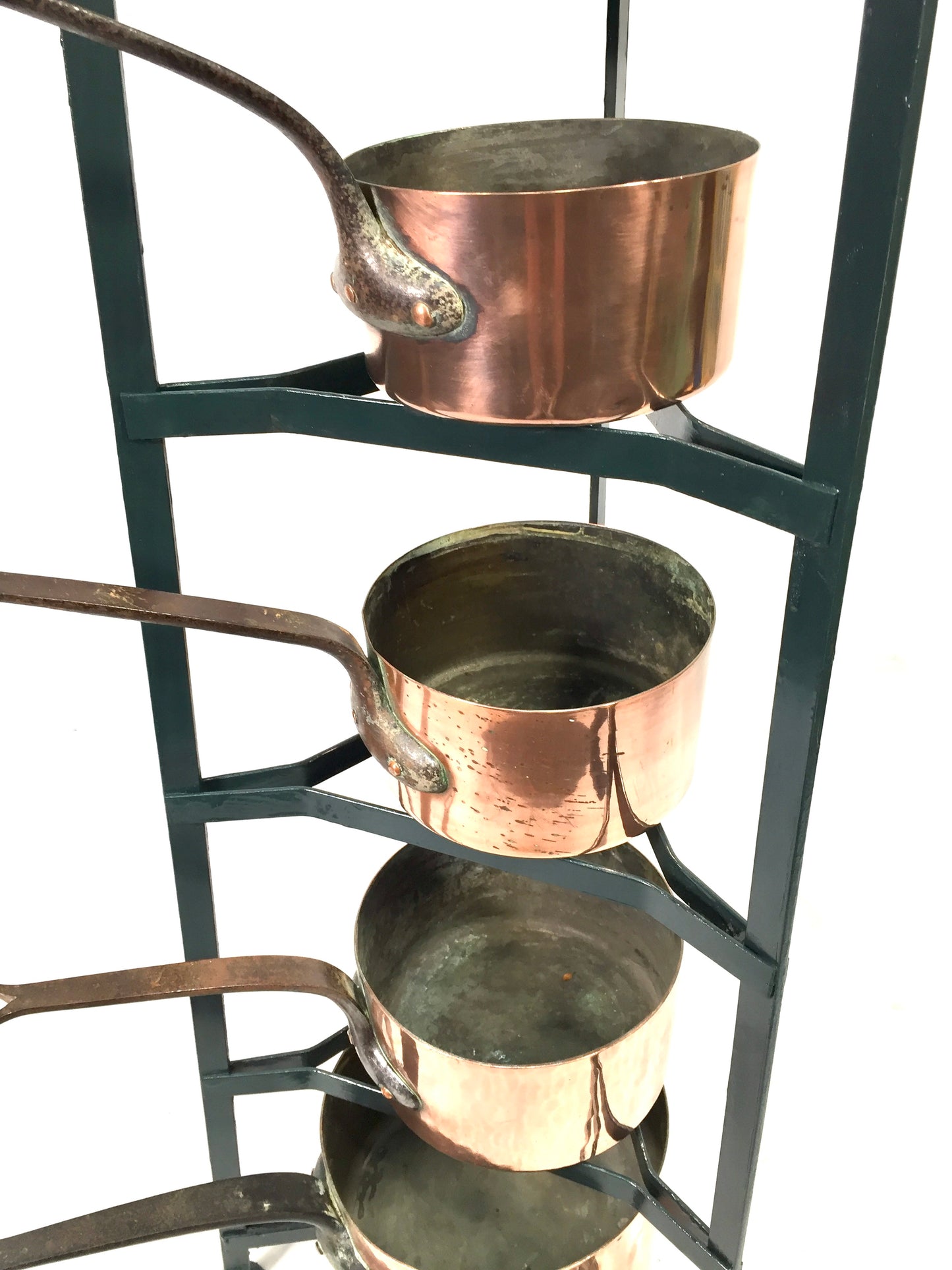 Antique Victorian Kitchen 7 Tier Wrought Iron Stand And Copper Pots / Saucepans