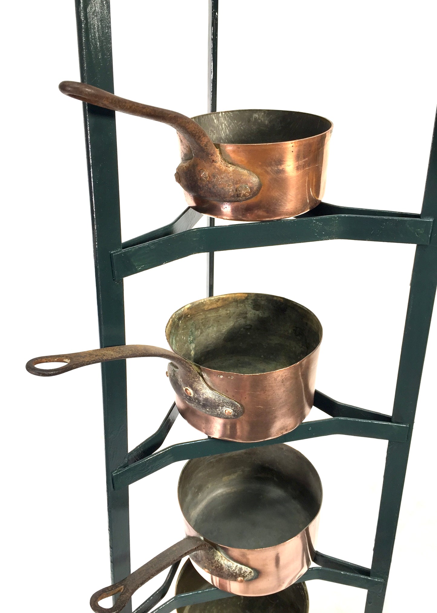 Antique Victorian Kitchen 7 Tier Wrought Iron Stand And Copper Pots / Saucepans