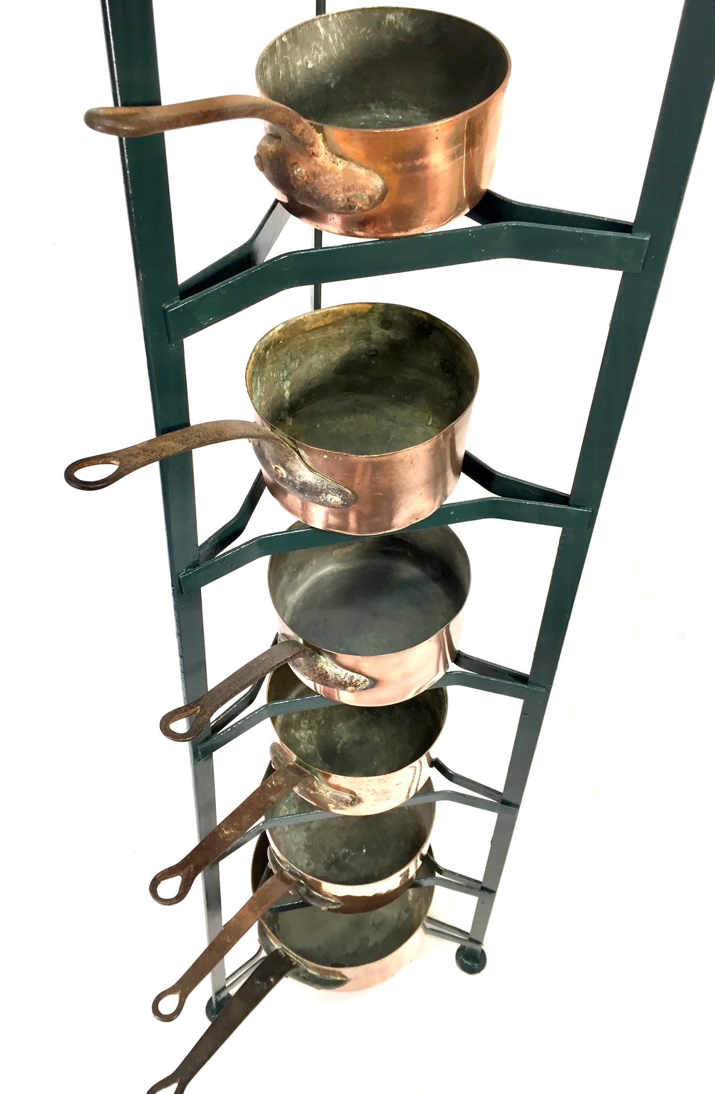 Antique Victorian Kitchen 7 Tier Wrought Iron Stand And Copper Pots / Saucepans