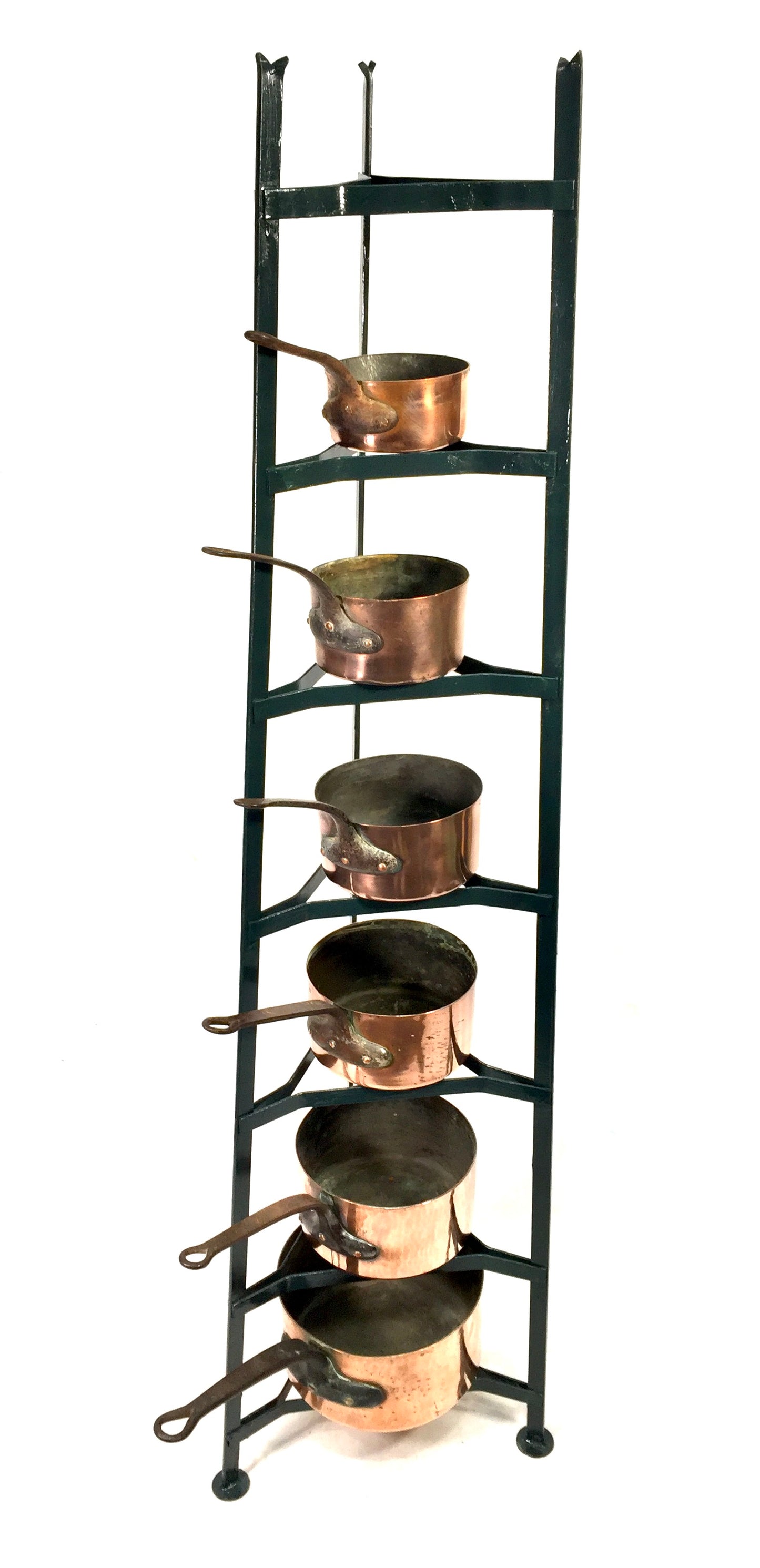 Antique Victorian Kitchen 7 Tier Wrought Iron Stand And Copper Pots / Saucepans