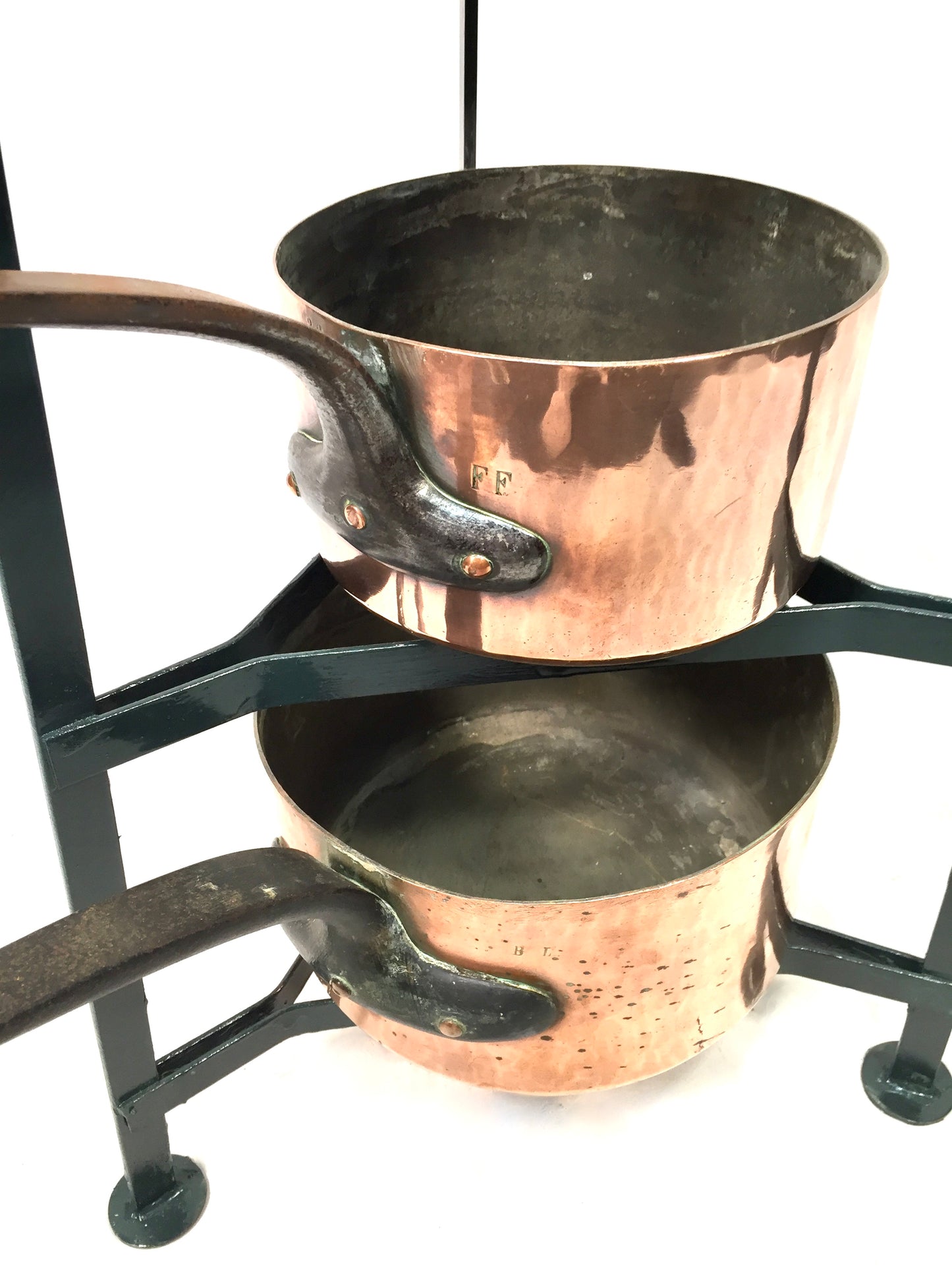 Antique Victorian Kitchen 7 Tier Wrought Iron Stand And Copper Pots / Saucepans