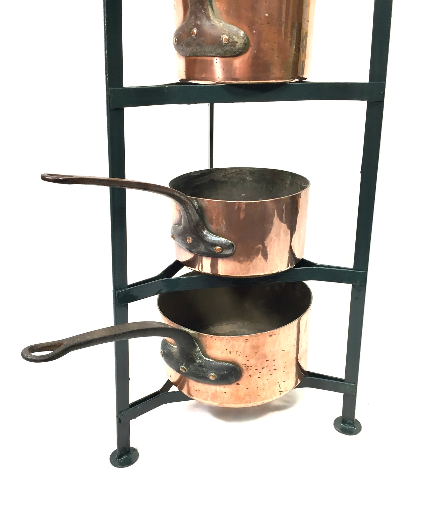 Antique Victorian Kitchen 7 Tier Wrought Iron Stand And Copper Pots / Saucepans