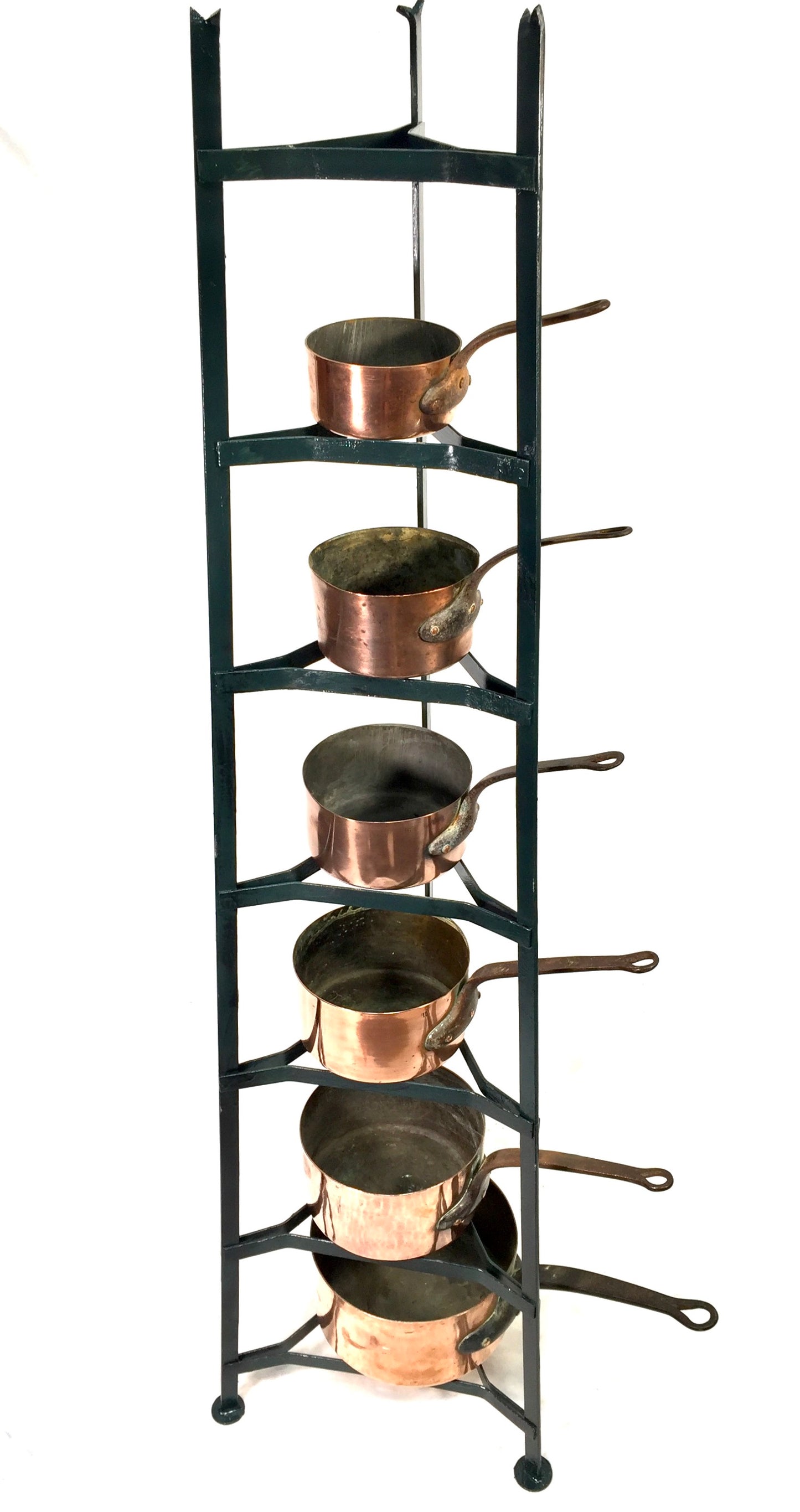 Antique Victorian Kitchen 7 Tier Wrought Iron Stand And Copper Pots / Saucepans