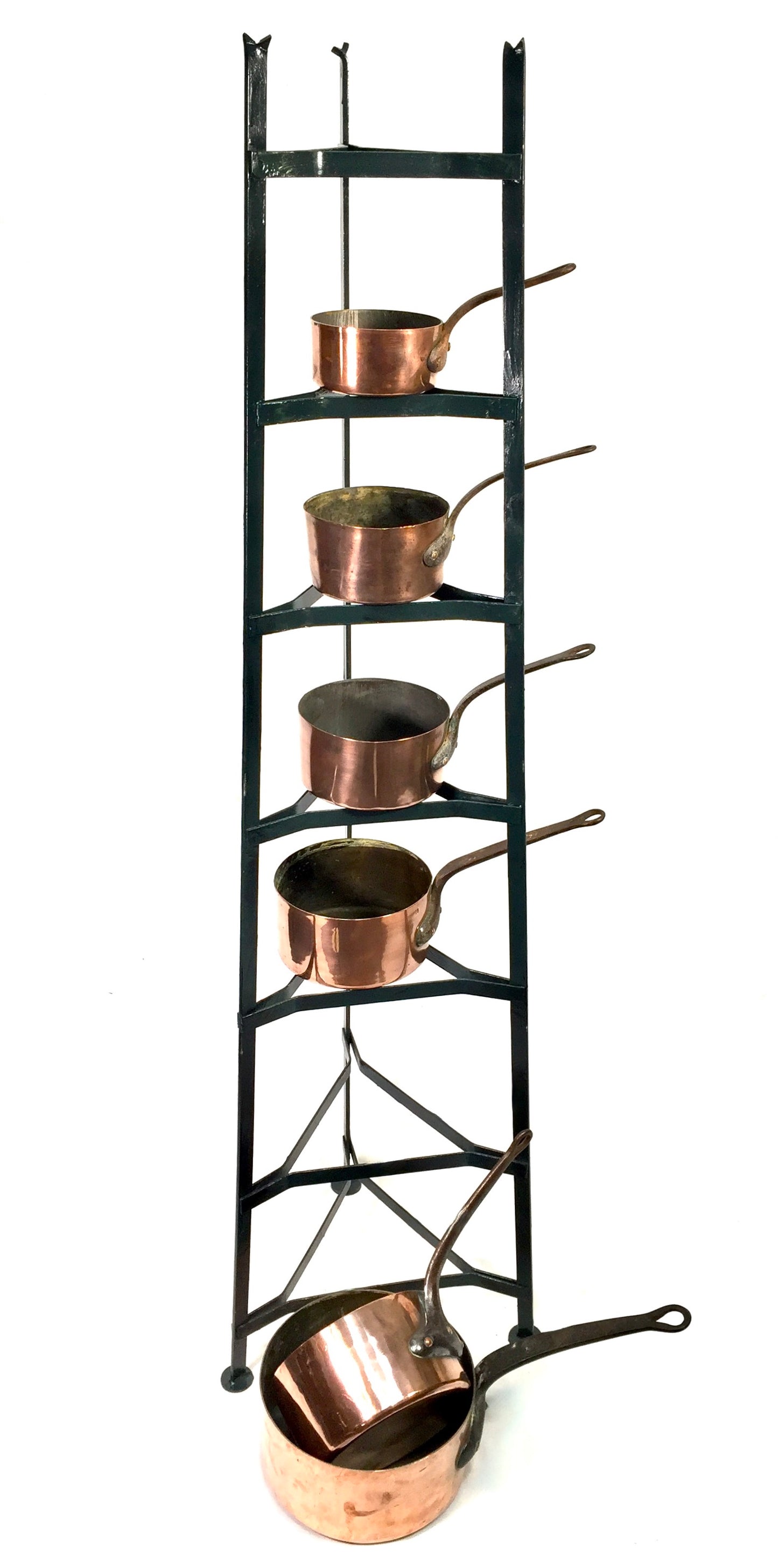 Antique Victorian Kitchen 7 Tier Wrought Iron Stand And Copper Pots / Saucepans