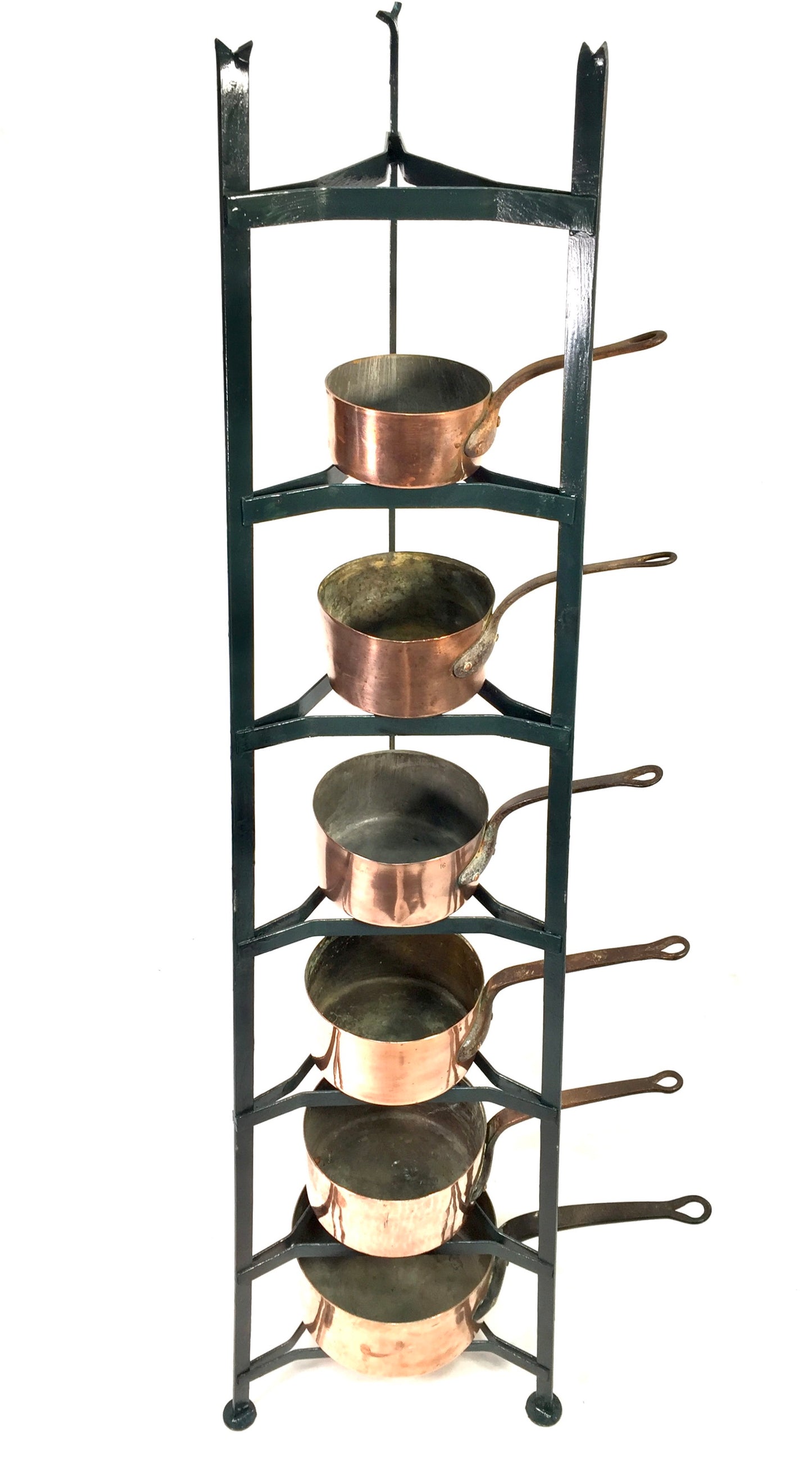 Antique Victorian Kitchen 7 Tier Wrought Iron Stand And Copper Pots / Saucepans