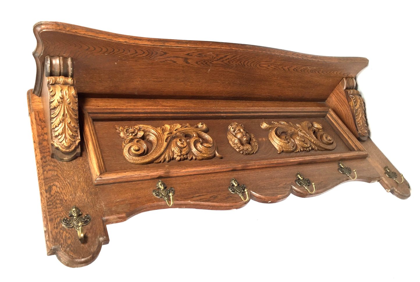 Antique Large Entrance Hall Wooden Oak Wall Mounted Coat Rack & Shelf c.1900