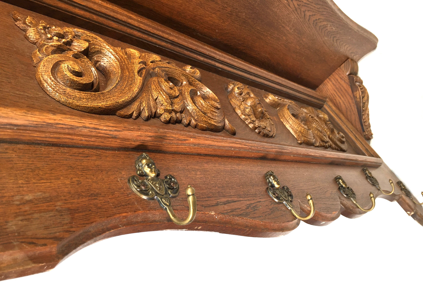 Antique Large Entrance Hall Wooden Oak Wall Mounted Coat Rack & Shelf c.1900