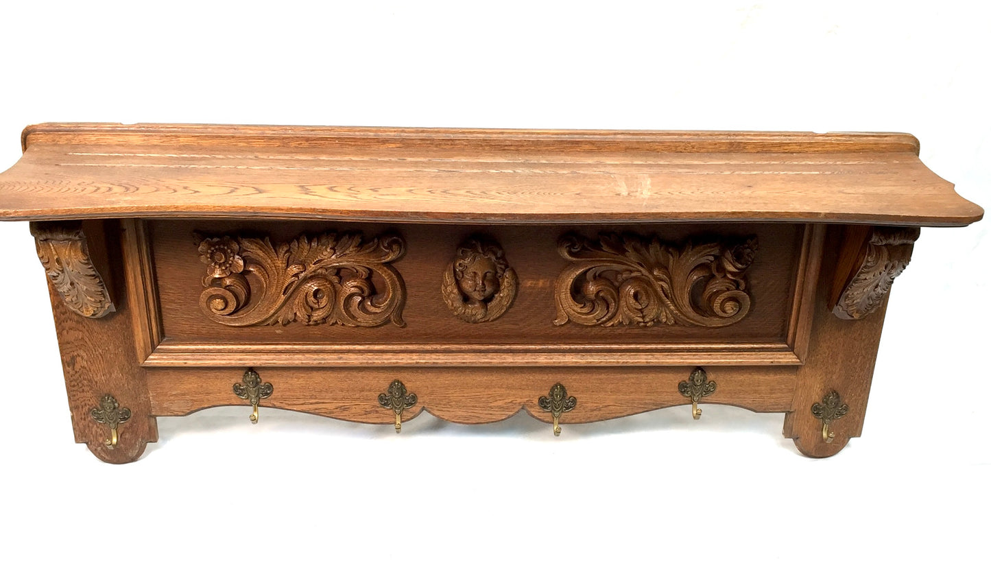 Antique Large Entrance Hall Wooden Oak Wall Mounted Coat Rack & Shelf c.1900